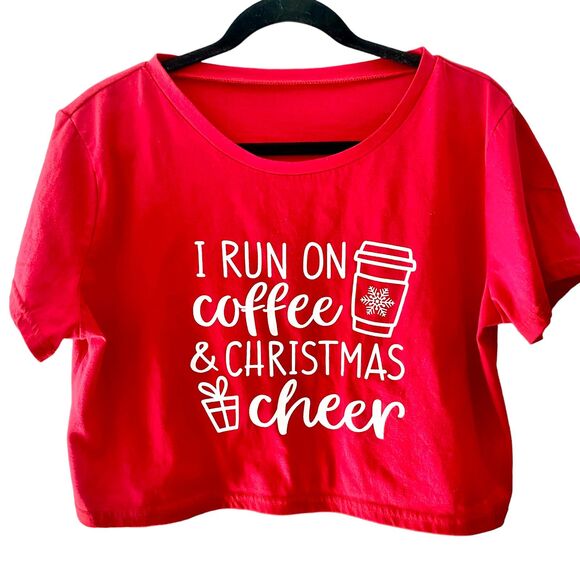 SHEIN Run on Coffee & Christmas Cheer graphic T-shirt Cropped Red Shirt Top XL - Picture 1 of 8